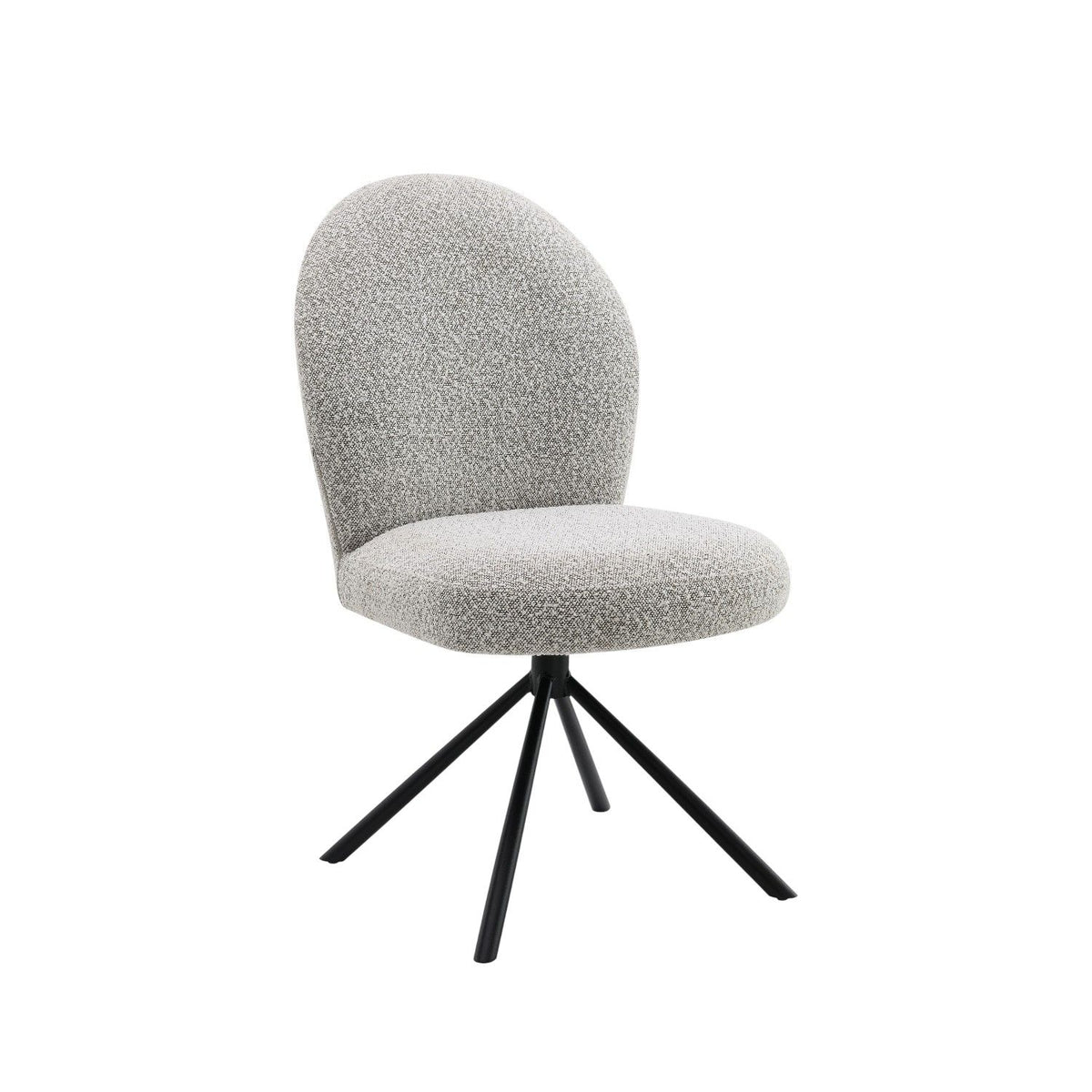 Gray fabric swivel side chair with rounded back and black tripod-style legs