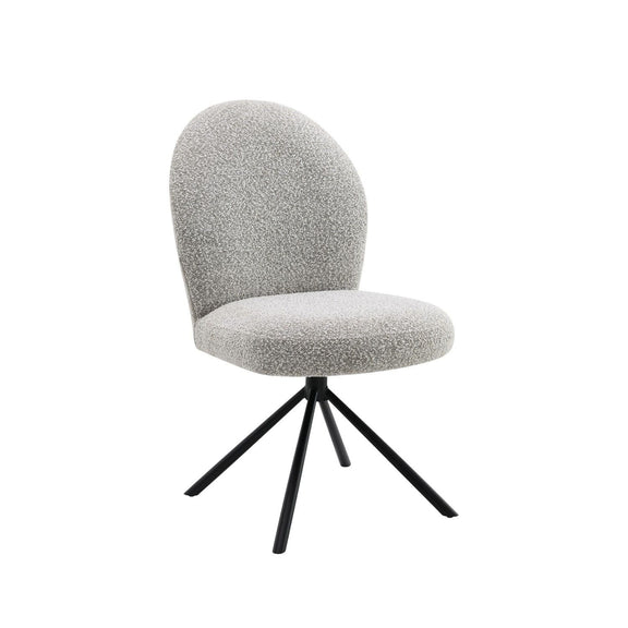 Gray fabric swivel side chair with rounded back and black tripod-style legs