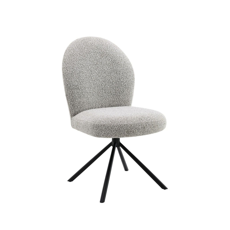 Gray fabric swivel side chair with rounded back and black tripod-style legs