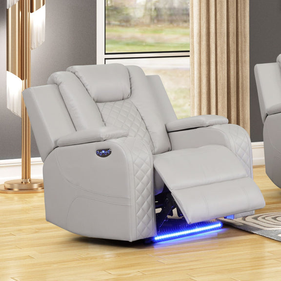Beige power recliner chair with adjustable headrest and diamond quilting; visible LED strip base.