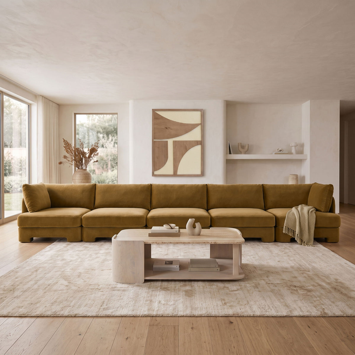 Hammond 5-piece velvet sectional sofa in olive brown with track arms and box back cushions