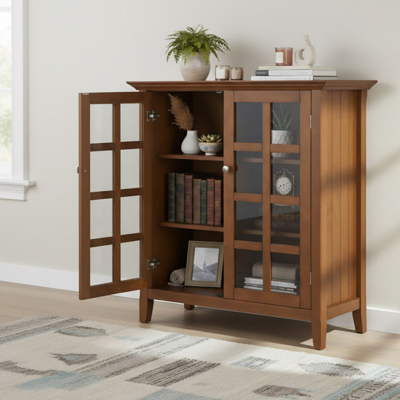 Brown medium storage cabinet with glass-panel doors and adjustable shelves