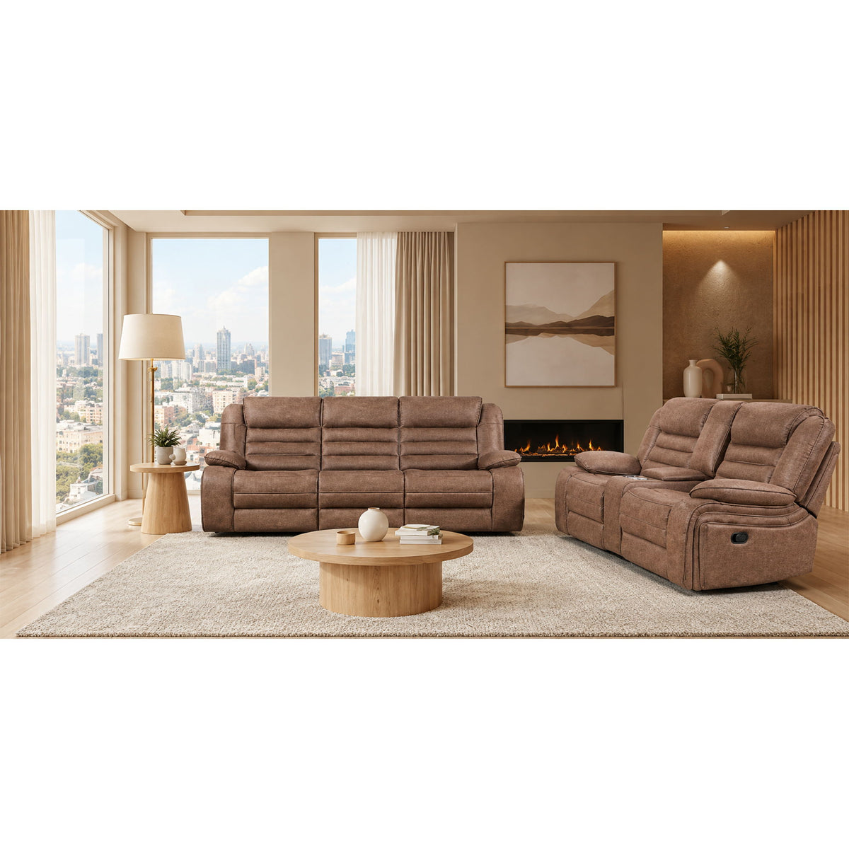 Dark brown reclining loveseat and recliner with padded arms and adjustable back sections
