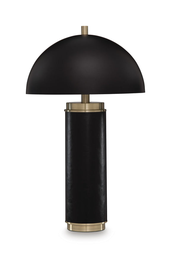 Black metal table lamp with dome shade and gold base accents