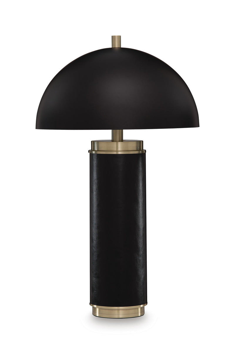 Black metal table lamp with dome shade and gold base accents