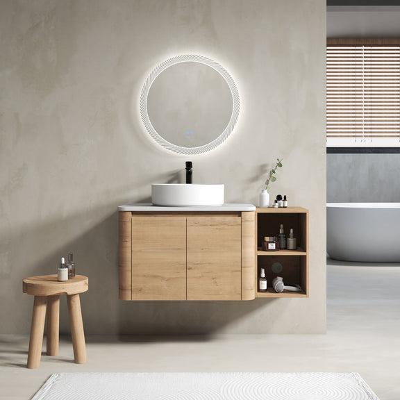 Wall-mounted bathroom vanity with white art sink and open right storage shelf in wood