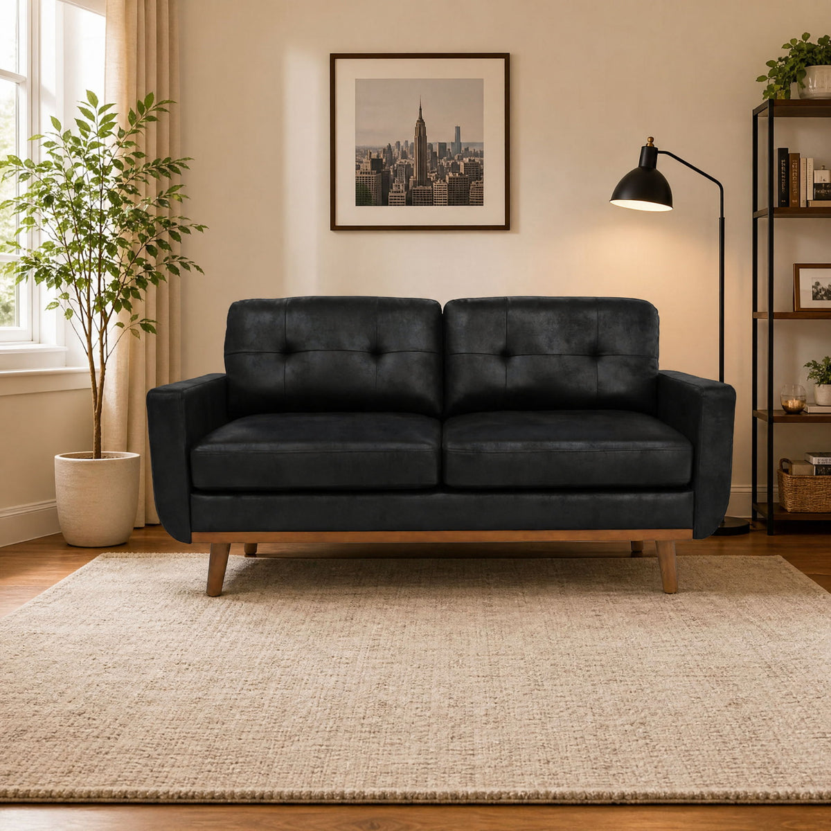Black two-seat sofa with tufted cushions and tapered wooden legs