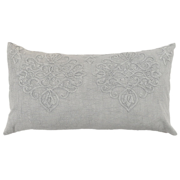 Gray embroidered rectangular sham pillow with symmetrical scrollwork and leaf motifs