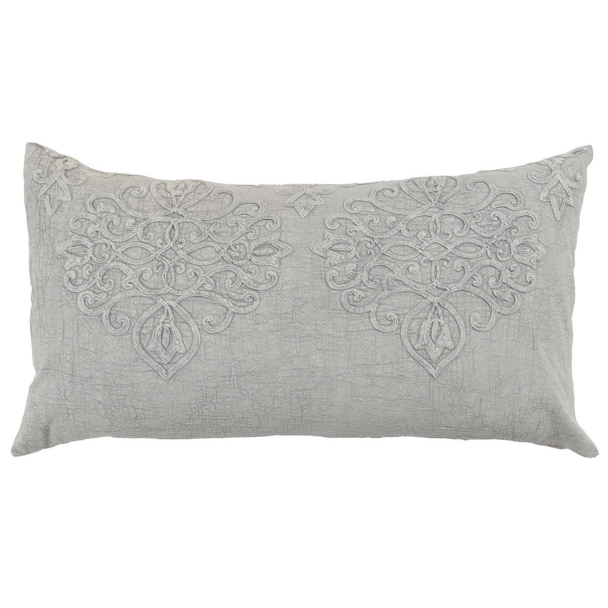 Gray embroidered rectangular sham pillow with symmetrical ornament pattern