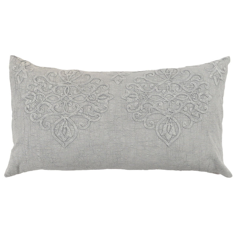 Gray embroidered rectangular sham pillow with symmetrical ornament pattern
