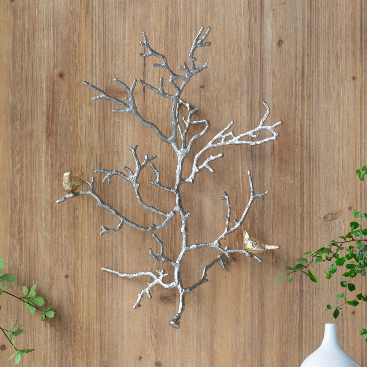 Metal Branch Wall Sculptures With Bird Accents (Set of 2) - Silver Multi