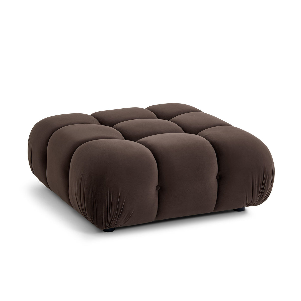 Dark brown modular ottoman with tufted cushion blocks and rounded corner arms