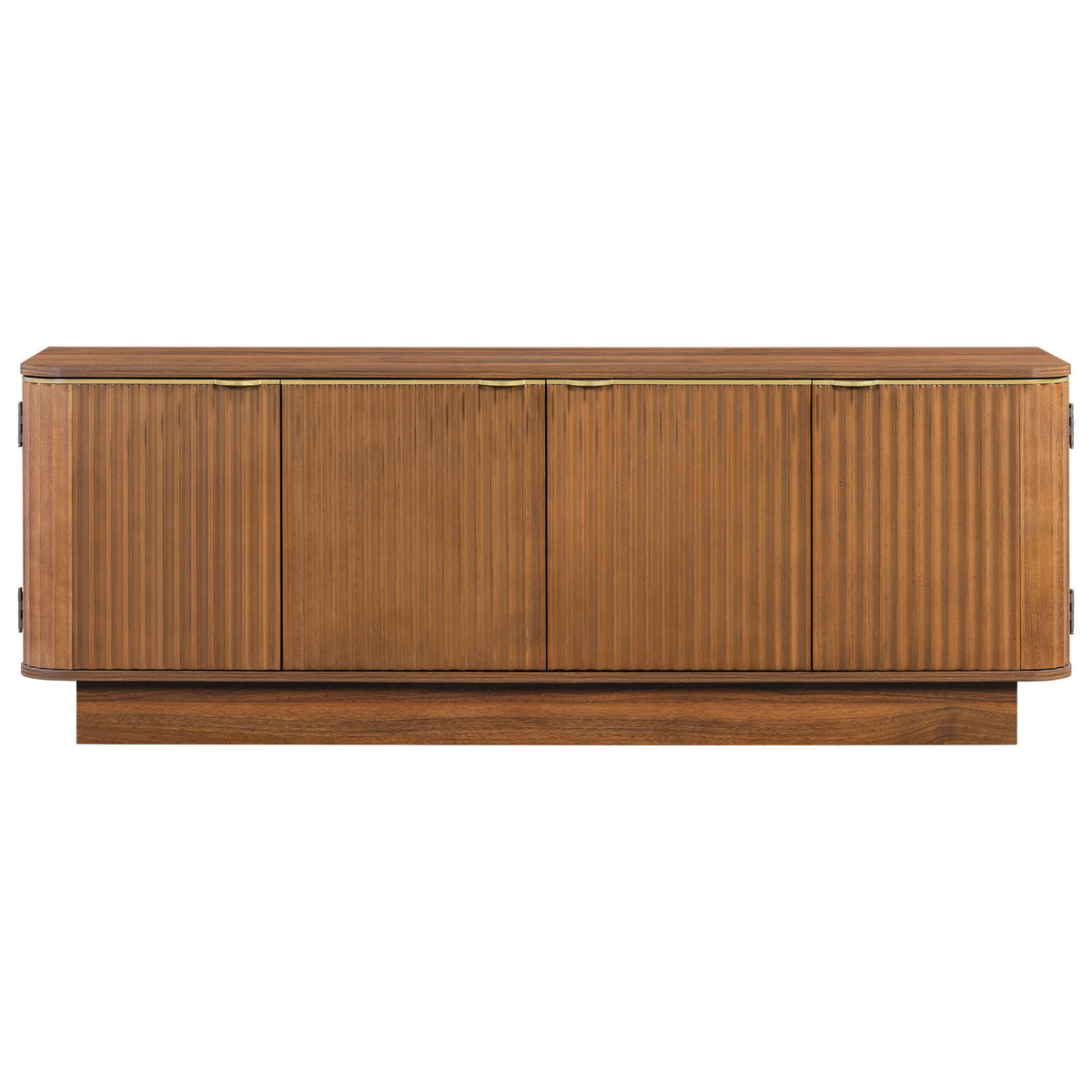 Light brown fluted TV stand console with four cabinet doors and a gold-trim top edge