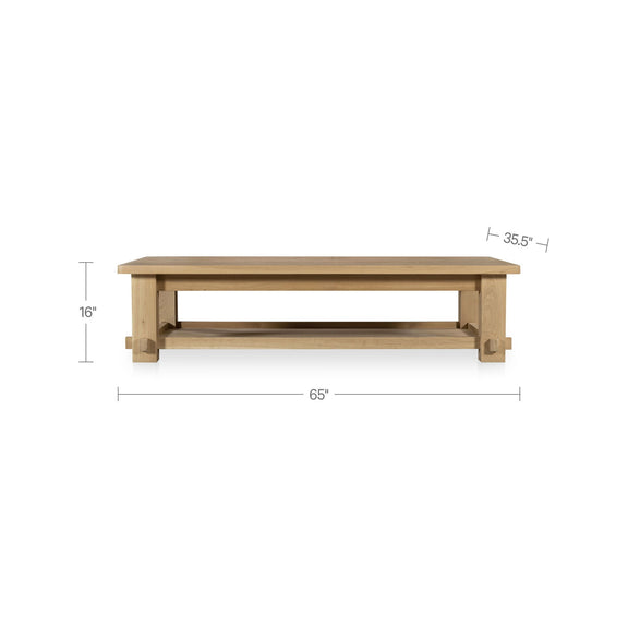 Natural wood coffee table, 65in x 16in x 35.5in, open lower shelf