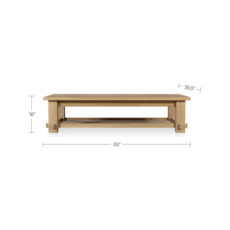 Natural wood coffee table, 65in x 16in x 35.5in, open lower shelf