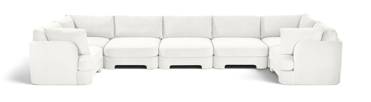 White velvet U-shaped sectional sofa, 7-piece set with ottoman blocks