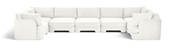 White velvet U-shaped sectional sofa, 7-piece set with ottoman blocks