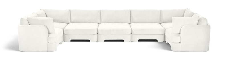 White velvet U-shaped sectional sofa, 7-piece set with ottoman blocks