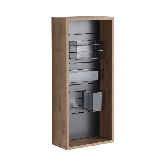 Wall-mounted imitation oak storage cabinet with open shelves and metal bins