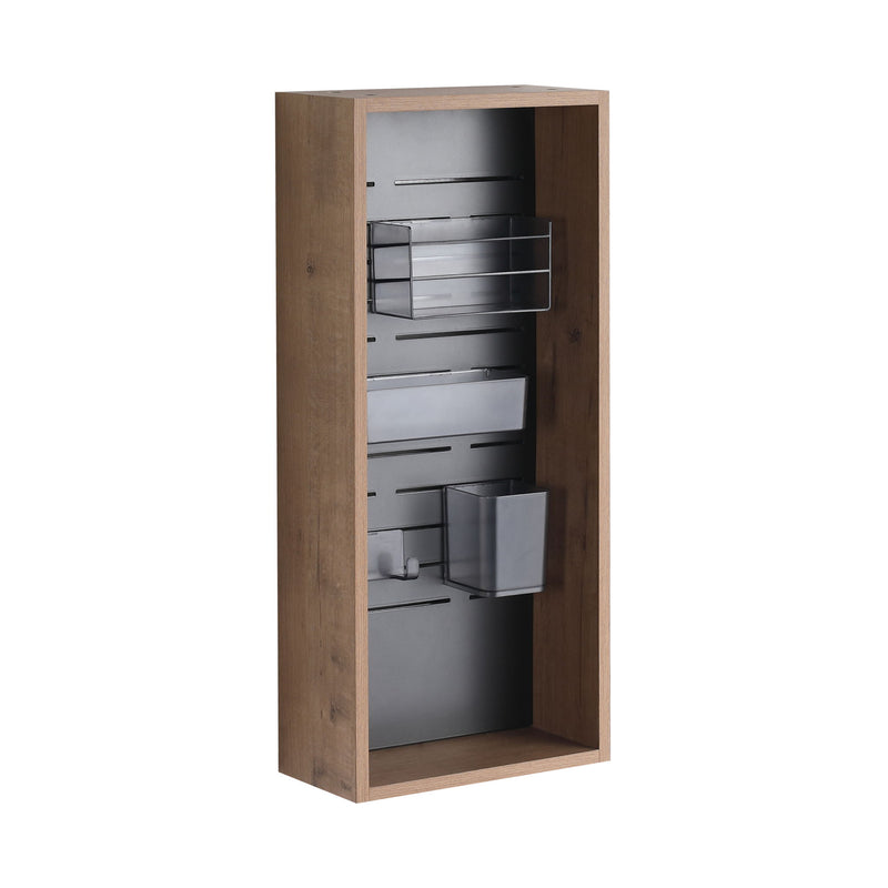 Wall-mounted imitation oak storage cabinet with open shelves and metal bins