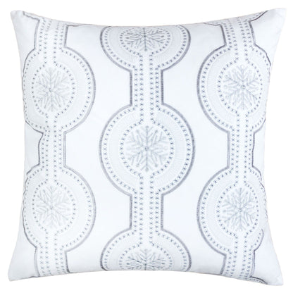 White holiday throw pillow with light-blue snowflake and cross-embroidery pattern