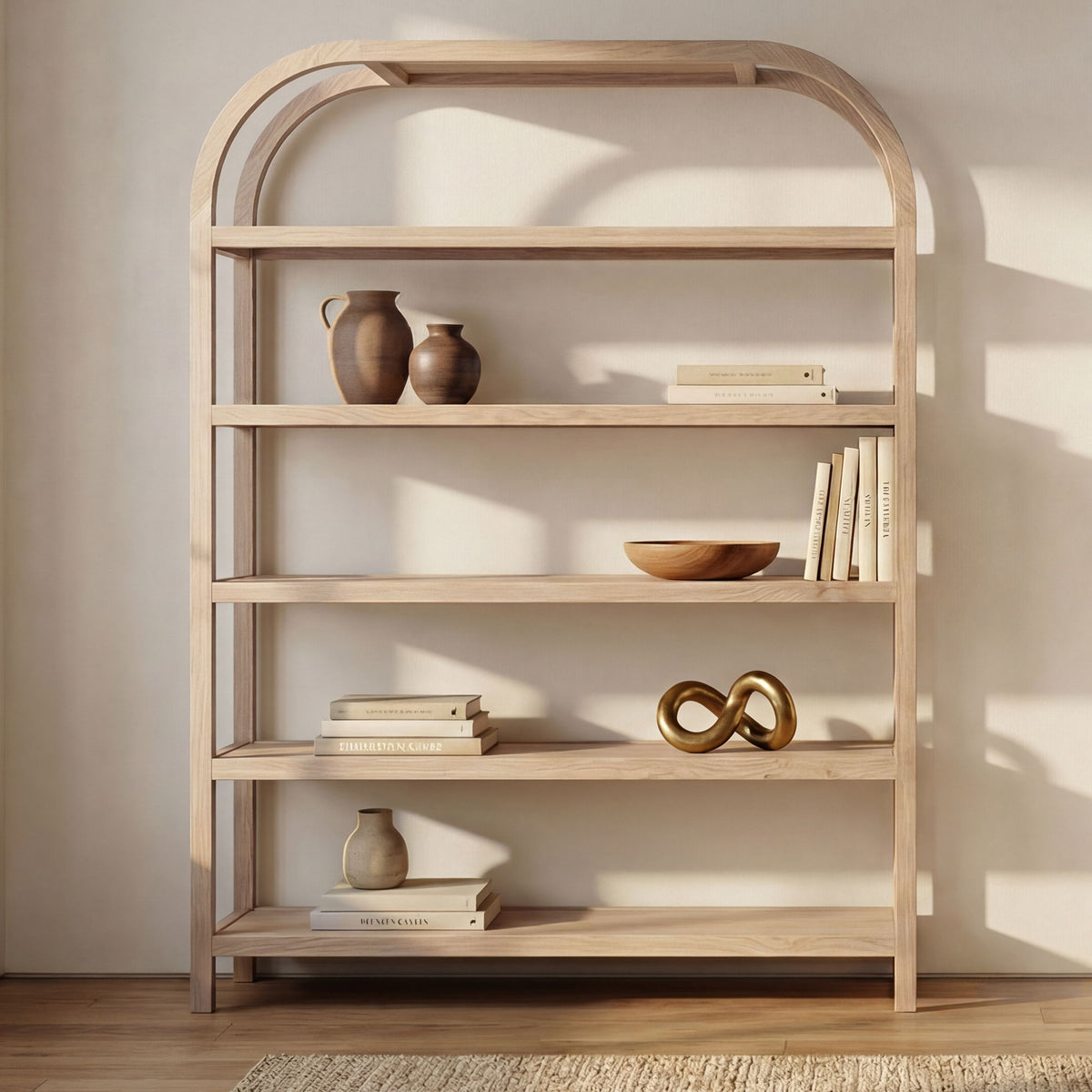 Natural wood bookcase with four open shelves and curved frame