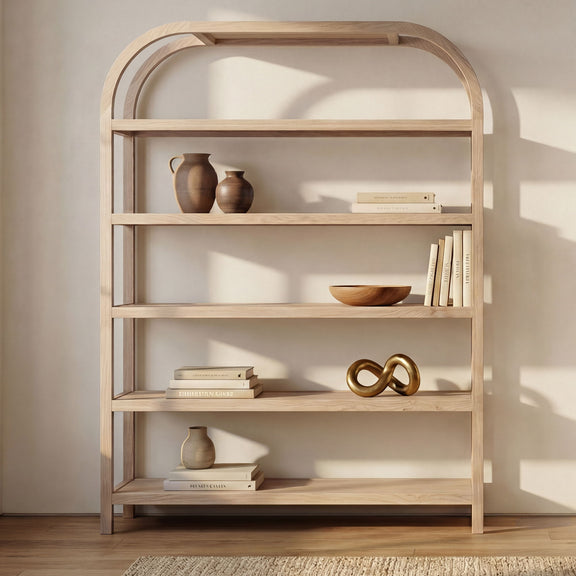 Natural wood bookcase with four open shelves and curved frame