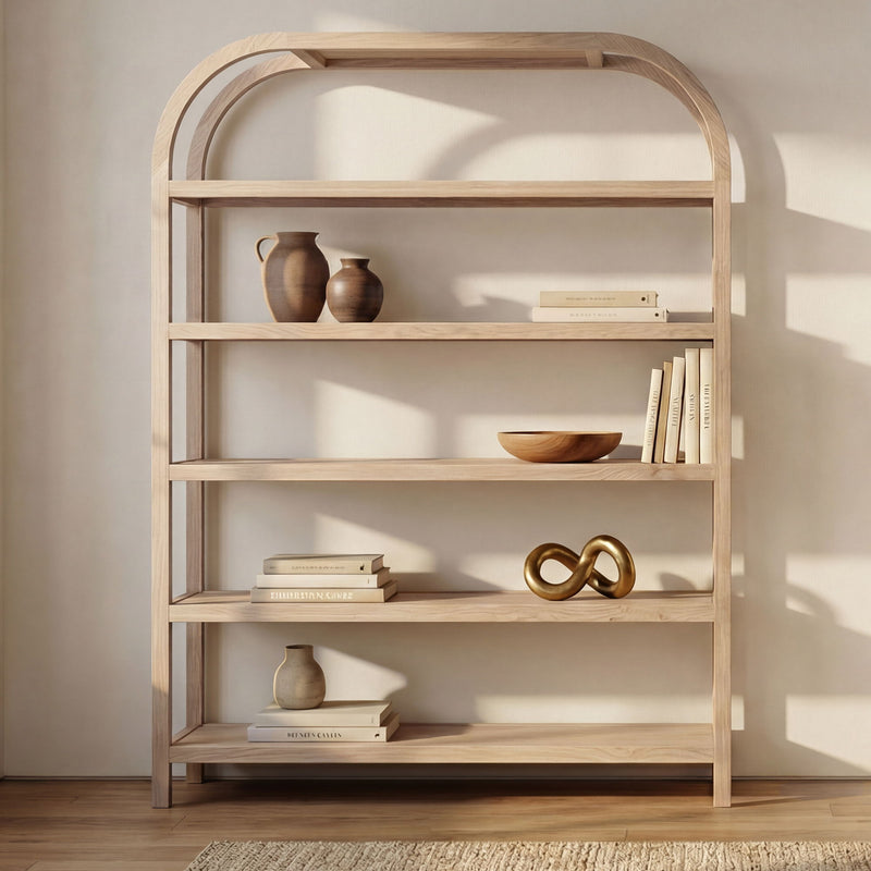 Natural wood bookcase with four open shelves and curved frame