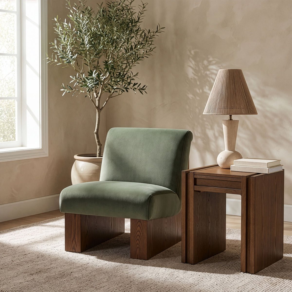 Vantage velvet performance accent chair, green upholstery with dark wood legs and arms