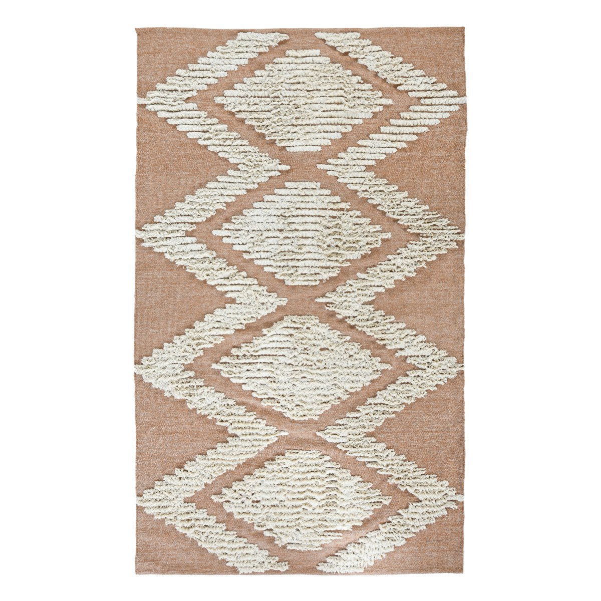 Sandstone indoor/outdoor rug with ivory diamond lattice pattern, textured loop pile