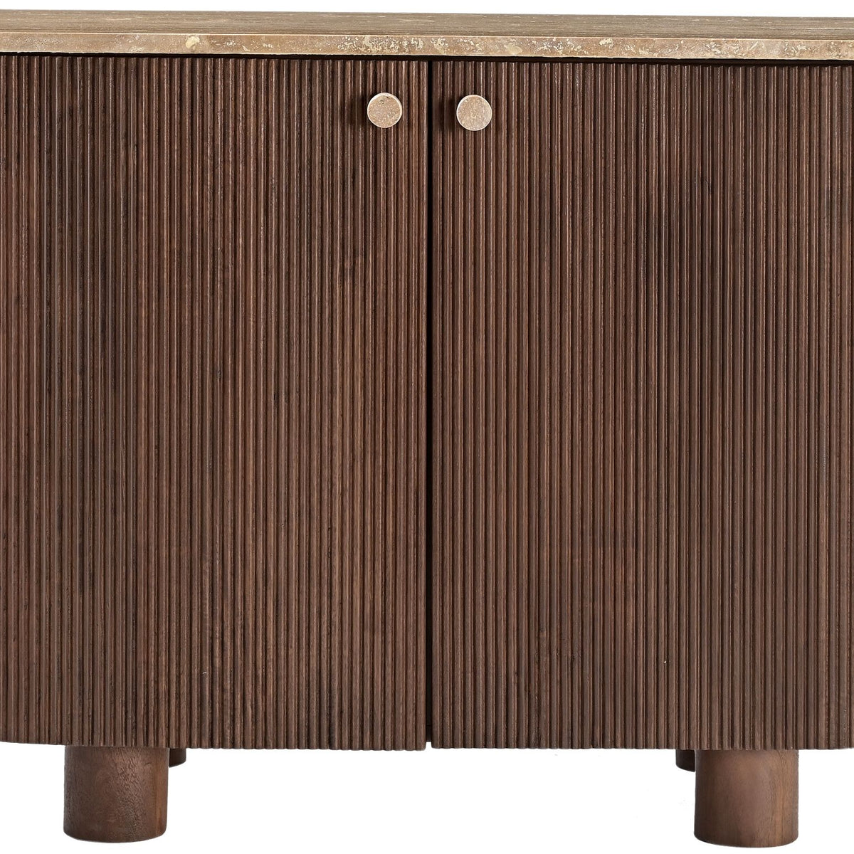 Dark brown mango wood sideboard with 2 doors and vertical ribbed panels, round knobs