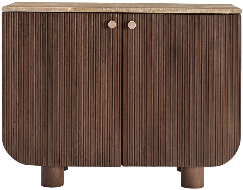 Dark brown mango wood sideboard with 2 doors and vertical ribbed panels, round knobs