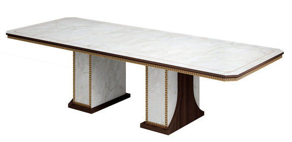Dining table with two extensions, light beige marble-look top and ornate walnut legs