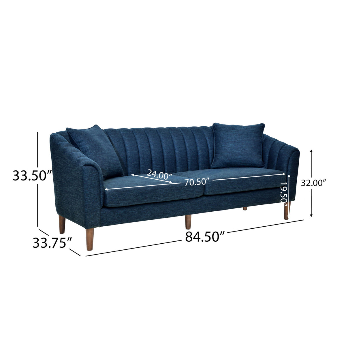 Navy blue 3-seater sofa, channel-tufted back and rolled arms, dark wooden legs