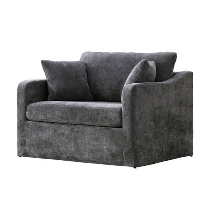 Modern Upholstered Farmhouse Accent Chair in Charcoal Chenille with Black Metal Legs, 43.9' Wide Armchair with Two Bolster Pillows for Living Room, Office, or Lounge