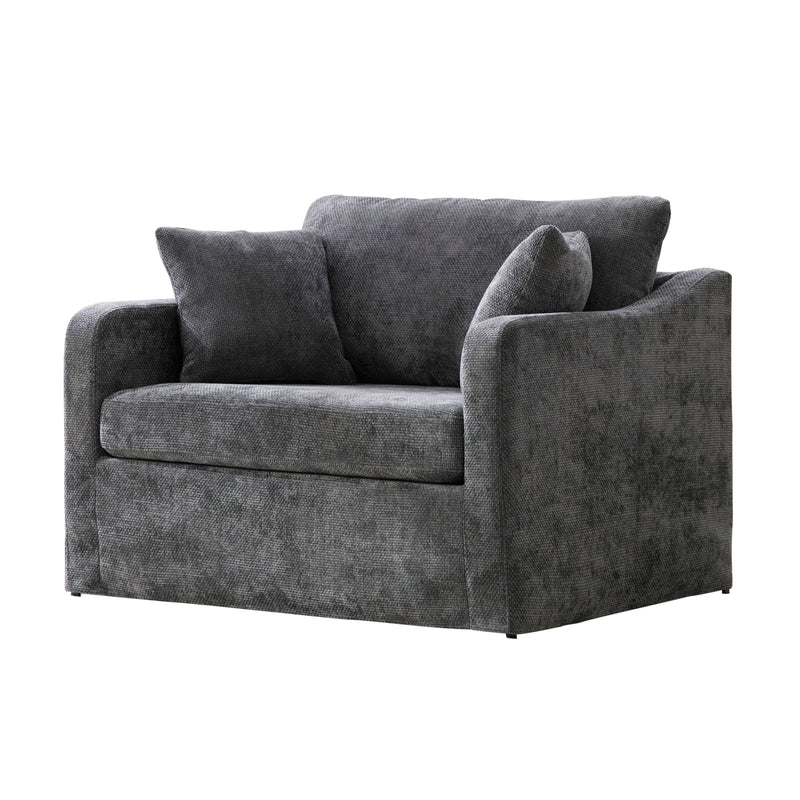Modern Upholstered Farmhouse Accent Chair in Charcoal Chenille with Black Metal Legs, 43.9' Wide Armchair with Two Bolster Pillows for Living Room, Office, or Lounge