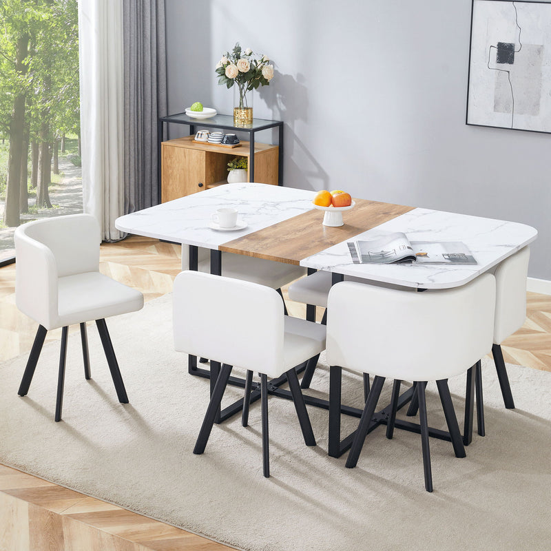 Marble-pattern dining table with wooden center insert, white chairs, and black legs