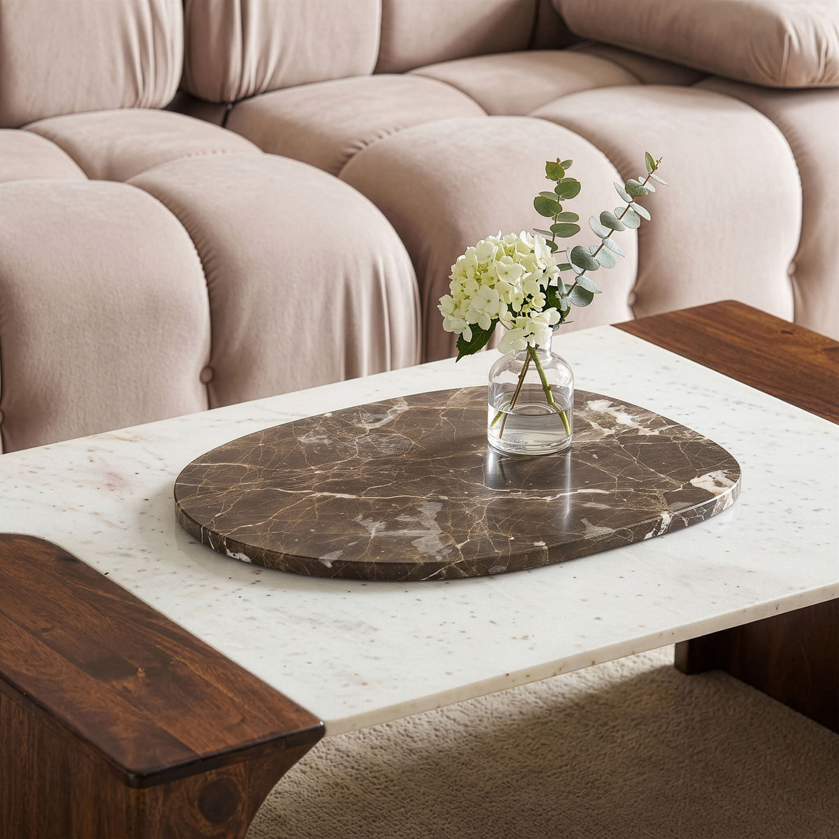 Genuine marble decorative tray, dark brown oval with cream veining and polished finish