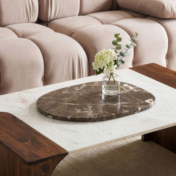 Genuine marble decorative tray, dark brown oval with cream veining and polished finish