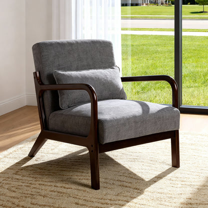 Mid Century Modern Armchair, Accent Chair with Solid Wood Frame and Detachable Lumbar Pillow for Living Room, Bedroom, Office, Antique Dark Grey, Mid-Century Modern