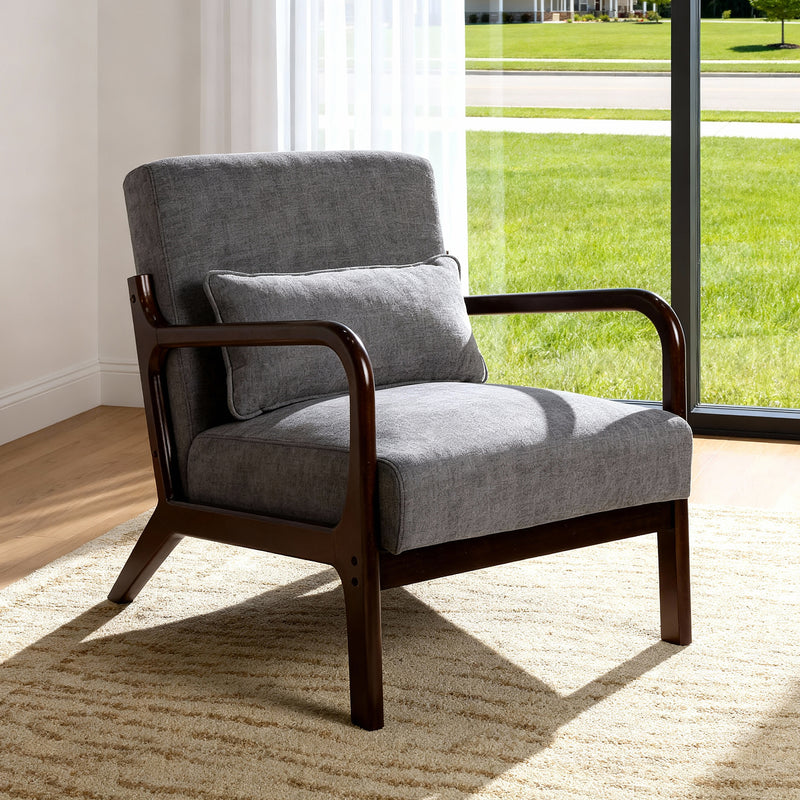 Mid Century Modern Armchair, Accent Chair with Solid Wood Frame and Detachable Lumbar Pillow for Living Room, Bedroom, Office, Antique Dark Grey, Mid-Century Modern