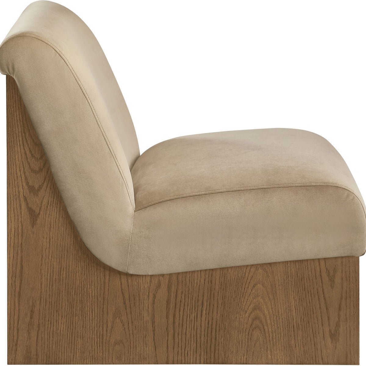 Vantage velvet performance accent chair, beige fabric seat and tall back with wood sides