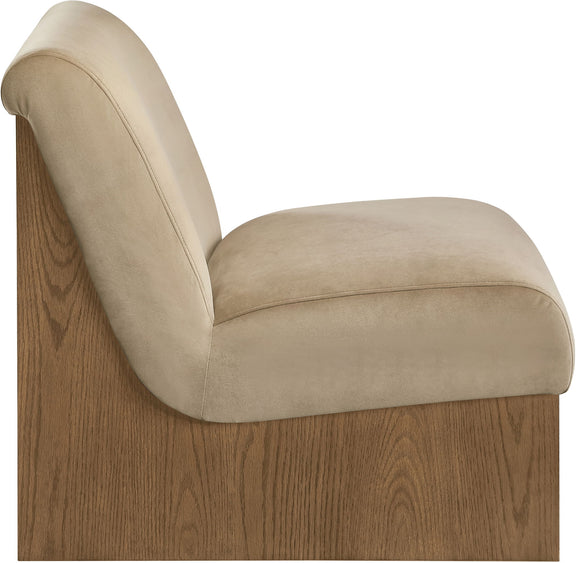 Vantage velvet performance accent chair, beige fabric seat and tall back with wood sides