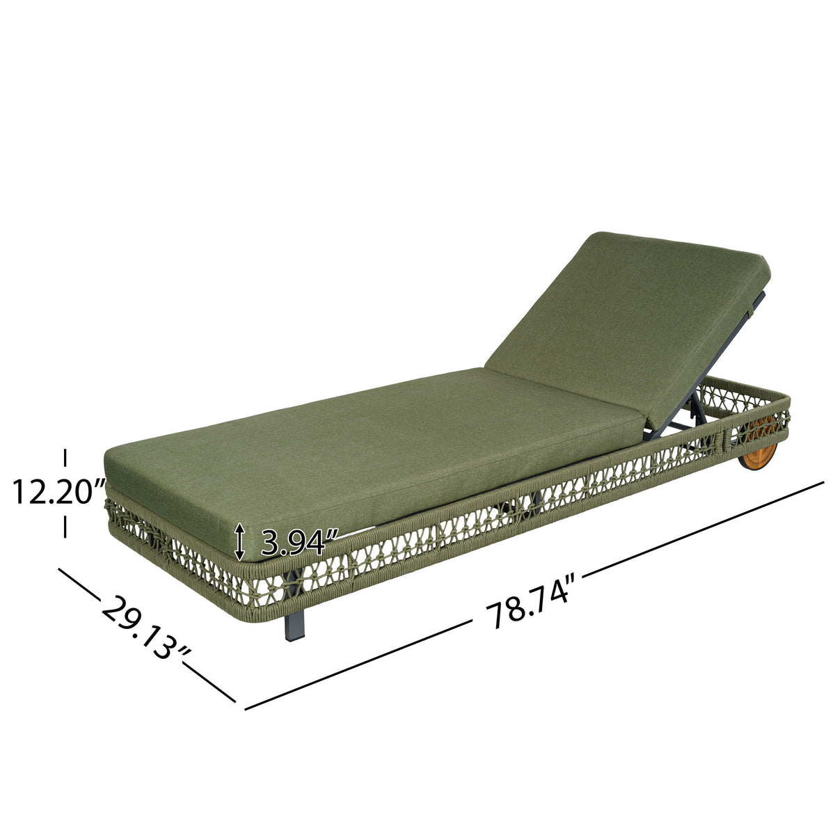 Dark green chaise lounge with cushions and wheels, 5-position adjustable backrest (dimensions shown)