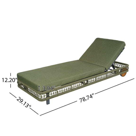 Dark green chaise lounge with cushions and wheels, 5-position adjustable backrest (dimensions shown)
