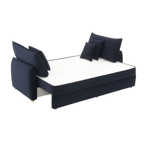 Upholstered sofa bed with pull-out cushion, dark blue, square arms and 3 throw pillows