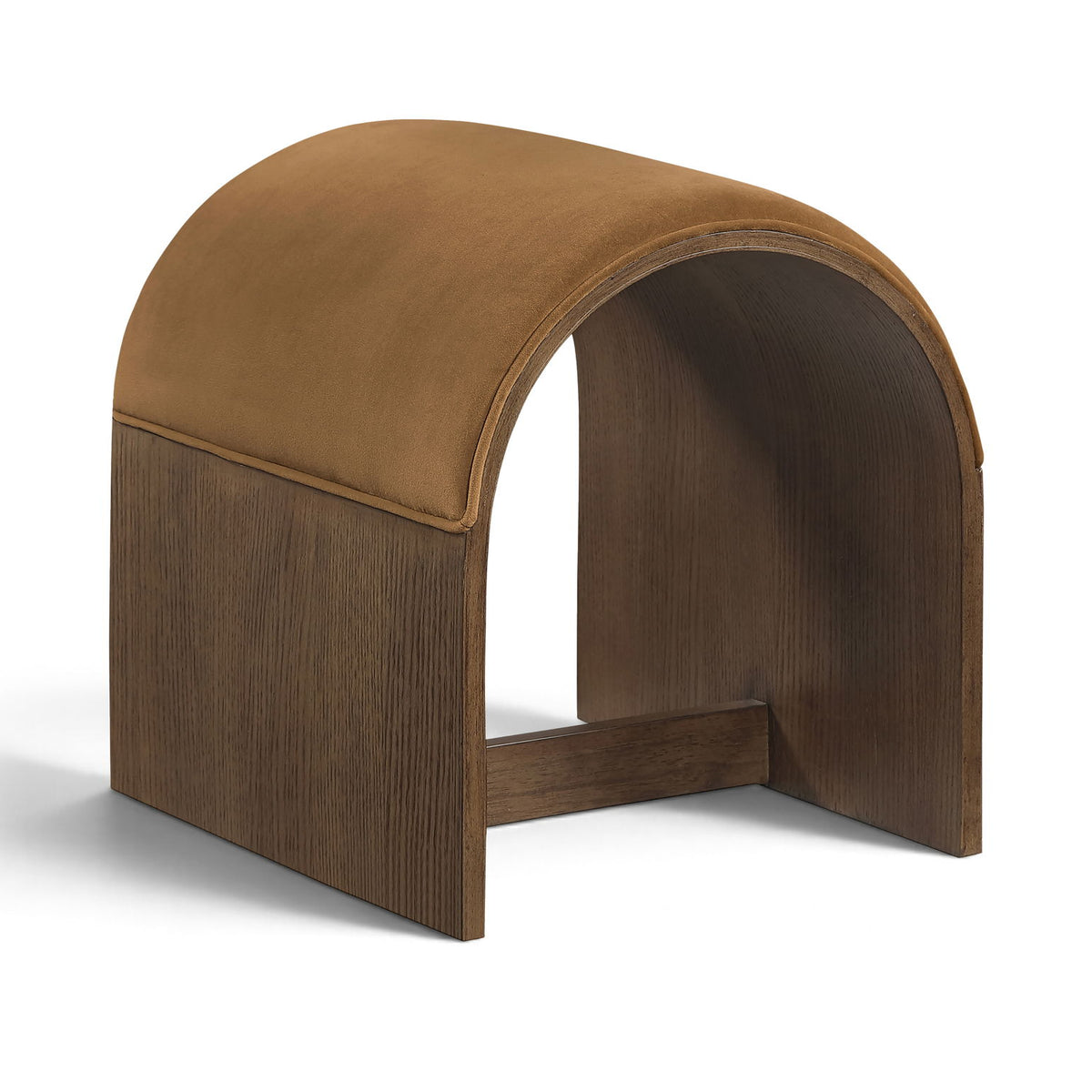 Brown velvet upholstered arched bench with dark wood base