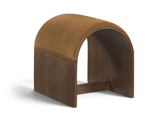 Brown velvet upholstered arched bench with dark wood base