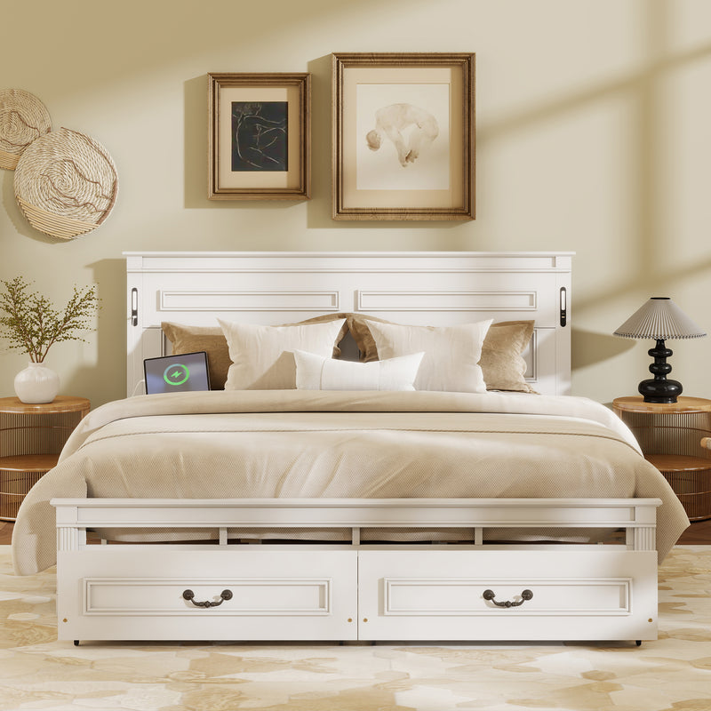 King Size Bed with Tall-Panel Headboard & Footboard, 2 Storage Drawers, Built-in LED Lights, USB Charging Station, Pinewood Bed with Strengthened Bed Frame, White