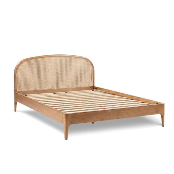 Light brown rattan-look bed frame with slatted support and arched headboard